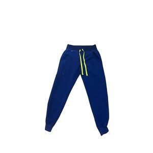 FIGS Zamora Jogger Scrub Pants Royal Blue Neon Yellow Drawstring XXS Petite